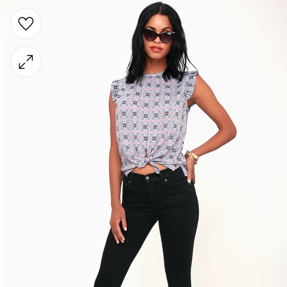 Lulus Gingham Plaid Ruffle Sleeveless Tie-Front Top - Grey-Blue Multi - Small - Picture 2 of 9